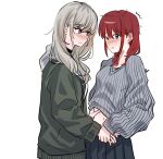  2girls black_skirt blue_eyes blush bow clothes_lift commentary_request ear_bow girls_band_cry green_jacket grey_eyes grey_hair grey_sweater hickey highres holding_another's_wrist ihhean_bbii iseri_nina jacket kawaragi_momoka korean_commentary long_hair multicolored_hair multiple_girls parted_lips pleated_skirt red_hair roots_(hair) short_twintails simple_background skirt sweat sweater sweater_lift twintails white_background yuri 