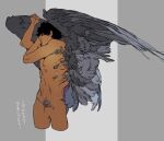  1boy absurdres bakushi_(smys2017) bird_boy bird_wings black_eyes black_hair commentary_request completely_nude cowboy_shot cropped_legs feathered_wings grey_background grey_feathers grey_wings highres looking_to_the_side male_focus monster_boy nude short_hair simple_background solo translation_request tsuyaza_no_tengu very_short_hair wings 