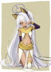  1girl 3: alternate_costume ancient_egyptian animal_ear_hairband animal_ear_piercing animal_ears arm_behind_back bare_shoulders blue_archive blush border breasts brown_egyptian_cat-eared_loli_(trend) cat_ear_hairband cat_ears closed_mouth collarbone commentary_request dark-skinned_female dark_skin detached_sleeves eyelashes fake_animal_ears full_body grey_hair hair_intakes hair_over_one_eye hairband halo hand_up head_tilt highres iori_(blue_archive) kimagurain kneeling long_bangs long_hair long_sleeves midriff navel no_bra one_eye_covered paw_pose pointy_ears purple_halo red_eyes sidelocks simple_background single_thighhigh small_breasts solo straight_hair thigh_strap thighhighs thighs tsurime twintails v-shaped_eyebrows very_long_hair white_border white_thighhighs yellow_background 