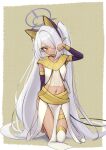  1girl 3: alternate_costume ancient_egyptian animal_ear_hairband animal_ear_piercing animal_ears arm_behind_back bare_shoulders blue_archive blush border brown_egyptian_cat-eared_loli_(trend) cat_ear_hairband cat_ears closed_mouth collarbone commentary_request dark-skinned_female dark_skin detached_sleeves eyelashes fake_animal_ears full_body grey_hair hair_intakes hair_over_one_eye hairband halo hand_up head_tilt highres iori_(blue_archive) kimagurain kneeling long_bangs long_hair long_sleeves midriff navel one_eye_covered paw_pose pointy_ears purple_halo red_eyes sidelocks simple_background single_thighhigh solo straight_hair thigh_strap thighhighs thighs tsurime twintails v-shaped_eyebrows very_long_hair white_border white_thighhighs yellow_background 