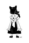  1girl animal animal_ears apron back_bow black_cat bow cat cat_ears cat_girl commentary dress facing_away frilled_apron frills from_behind full_body greyscale high_contrast highres holding holding_animal holding_cat legs_apart loafers long_dress looking_at_viewer maeya_susumu maid maid_apron monochrome original shoes short_hair signature simple_background solo standing staring untranslatable_commentary white_background 