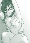  3e akizuki_ritsuko armpits arms_up bed blush bra breasts cleavage folded_ponytail glasses hair_bun idolmaster idolmaster_(classic) large_breasts legs looking_at_viewer lying monochrome navel open_mouth smile solo sweat sweater underwear 