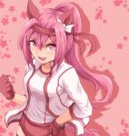  1girl animal_ears bow breasts buruma clenched_hand collarbone commentary_request ear_bow ear_covers fingerless_gloves flower-shaped_pupils flower_in_eye gloves hand_on_own_hip haru_urara_(bestest_prize)_(umamusume) haru_urara_(umamusume) headband highres horse_ears horse_girl horse_tail jacket long_hair open_mouth pink_buruma pink_eyes pink_hair pink_headband ponytail red_buruma red_gloves red_headband shirt small_breasts smile socks solo striped_clothes striped_socks symbol-shaped_pupils symbol_in_eye tail umamusume white_jacket white_shirt windg0 