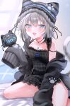 1girl animal_ears animal_hat bare_legs bare_shoulders beanie black_dress black_hoodie black_ribbon black_streaks blue_eyes blush cat_ears cat_girl cat_hat collarbone commentary commentary_request dot_nose dress fang frilled_dress frills grey_hair hat hennyano_(nachoneko) highres hood hood_down hoodie indie_virtual_youtuber jewelry legs long_sleeves looking_at_viewer meimocox multicolored_hair nachoneko necklace off_shoulder open_clothes open_hoodie open_mouth oversized_clothes paw_print plaid_clothes plaid_dress ribbon seiza short_hair sidelocks single_bare_shoulder single_off_shoulder sitting sleeves_past_fingers sleeves_past_wrists smile solo star_(symbol) star_necklace strap_slip streaked_hair tail thighs tongue 