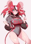  1girl animal_ear_fluff animal_ears black_hair black_streaks blue_eyes blush breasts cleavage clenched_hands clothes_writing commentary covered_navel dice_hair_ornament double-parted_bangs hair_between_eyes hair_ornament hakos_baelz hololive hololive_english hooded_shrug korean_commentary large_breasts leotard looking_at_viewer mouse_ears mouse_tail multicolored_hair multicolored_leotard multicolored_shrug open_mouth pbj6541 race_queen red_hair shrug_(clothing) standing streaked_hair tail thighs twintails uneven_twintails virtual_youtuber white_background white_hair 
