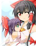  aqua_eyes bare_shoulders black_hair bow commentary detached_sleeves hair_bow hair_grab hair_pull hair_tubes hakurei_reimu hug kokujuuji mother_and_daughter motherly multiple_girls one_eye_closed ponytail purple_hair red_eyes shirt touhou upper_body wide_sleeves 