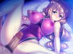  1girl aozora_stripe bed blue_eyes blush braid breasts brown_hair censored game_cg large_breasts long_hair milk_leaking_through_clothing nipples penis pillow piromizu sawatari_kyouko swimsuit 