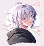  1boy ahoge backlighting black_hoodie blue_eyes border closed_mouth colored_eyelashes commentary cropped_shoulders double-parted_bangs english_commentary english_text floral_background gift_art grey_border hair_between_eyes hair_intakes happy_birthday highres hood hood_down hoodie huge_ahoge light_particles lips male_focus original outside_border round_border sasucchi95 short_hair sidelocks simple_background smile solo sparkle_background thick_eyebrows tsurime white_background white_eyelashes white_hair 