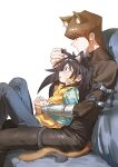  2boys animal_ears black_hair brothers brown_hair cat_boy cat_ears cat_tail couch extra_ears from_side highres kaiba_mokuba kaiba_seto kemonomimi_mode long_hair male_focus moemoenomori multiple_boys on_couch short_hair siblings simple_background sitting sitting_on_lap sitting_on_person tail white_background yu-gi-oh! yu-gi-oh!_duel_monsters 