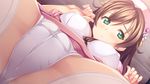  1girl bra breasts brown_hair cameltoe game_cg green_eyes hat highres kawahara_makoto large_breasts legs long_hair looking_away lying misaki_mirai nurse_cap panties sousei_kitan_aerial spread_legs thighs underwear white_bra white_legwear white_panties 