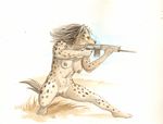  breasts cadmiumtea claws crouching ear_piercing female gun hyena mammal nipple_piercing nipples nude piercing pussy ranged_weapon rifle solo spots vaginal_piercing weapon 