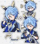  1girl animal_ears blue_eyes blue_hair blue_jacket blue_shirt blush bow closed_eyes commentary_request cropped_torso ear_covers gloves hair_between_eyes heart heart_hands highres holding horse_ears horse_girl jacket k.s.miracle_(prism)_(umamusume) k.s.miracle_(umamusume) long_sleeves looking_at_viewer multiple_views one_eye_closed open_mouth saramiao-chan selfie_stick shirt short_hair smile speech_bubble spoken_heart star_(symbol) umamusume white_gloves 