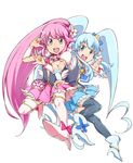  :d \m/ aino_megumi bad_id bad_pixiv_id black_legwear blue_eyes blue_hair blue_skirt boots bow bowtie brooch crown cure_lovely cure_princess full_body hair_ornament happinesscharge_precure! heart heart_hair_ornament jewelry locked_arms long_hair magical_girl mini_crown multiple_girls necktie open_mouth pink_bow pink_eyes pink_hair pink_skirt ponytail precure roro_(qualitynine) shirayuki_hime shoes skirt smile thigh_boots thighhighs twintails white_background white_legwear wide_ponytail wrist_cuffs 