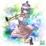  breasts hat instrument large_breasts merlin_prismriver music one_eye_closed open_mouth playing_instrument purple_eyes purple_hair shirt skirt skirt_set smile solo touhou trumpet umigarasu_(kitsune1963) vest 