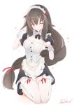  1girl ;p apron black_boots black_dress black_ribbon boots borrowed_character breasts brown_hair cleavage closed_mouth collared_dress commentary_request corset covered_navel dress frilled_apron frills full_body garter_straps hair_between_eyes hair_ornament hair_ribbon hairclip highres kneeling livetarica long_hair looking_at_viewer maid maid_headdress medium_breasts neck_ribbon one_eye_closed original paw_pose red_eyes red_ribbon ribbon short_dress short_sleeves simple_background skindentation smile solo thick_thighs thighhighs thighs tongue tongue_out two-tone_dress underbust very_long_hair waist_apron white_apron white_background white_corset white_dress white_thighhighs white_wrist_cuffs wide_hips wing_collar wrist_cuffs zettai_ryouiki 