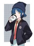 1girl badge beanie black_suit blue_hair blue_hat bocchi_the_rock! bright_pupils commentary_request cowboy_shot cup disposable_coffee_cup disposable_cup drinking grey_background grid_background hand_in_pocket hat highres holding holding_cup looking_at_viewer mole mole_under_eye necktie pants red_necktie sabi1234 shirt short_hair solo suit tie_clip two-tone_background white_background white_pants white_pupils yamada_ryo yellow_eyes yellow_shirt 