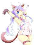  animal_ears arm_behind_head armpits arms_up blue_eyes blue_hair blush bodysuit cat_ears cowboy_shot elin_(tera) gloves highres kt_cano long_hair one_eye_closed open_mouth simple_background solo stretch tail tears tera_online thighlet thighs white_background wide_hips yawning 