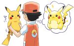  1boy black_hair commentary_request fat_pikachu hat highres holding holding_pokemon jacket male_focus pikachu pokemoa pokemon pokemon_(creature) pokemon_rgby red_(pokemon) red_hat red_jacket short_hair short_sleeves speech_bubble thought_bubble white_background 