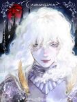  1boy androgynous armor artist_name behelit berserk blue_eyes blue_outline border cape castle closed_mouth commentary commission glowing glowing_hair golden_feathers griffith_(berserk) hair_between_eyes highres long_hair looking_at_viewer male_focus mismatched_pupils night ornate_border outline pale_skin smile solo upper_body wavy_hair white_hair xcn0089 