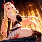  1girl ai-generated ass blonde_hair blush bodysuit breasts castle cleavage commentary demon_girl demon_horns english_commentary highres horns huge_ass large_breasts leotard long_hair looking_at_viewer outerplane pointy_ears sitting smile solo stella_(outerplane) stone_wall thick_thighs thighhighs thighs waifu_heaven watermark web_address 
