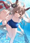  2girls absurdres air_bubble animal_ears barefoot blue_one-piece_swimsuit blurry blush breasts brown_eyes brown_hair brown_tail bubble cleavage commentary_request commission competition_school_swimsuit depth_of_field diamond_(shape) ear_ornament female_pov highres holding_hands horse_ears horse_girl horse_tail kitasan_black_(umamusume) large_breasts legs long_hair looking_at_viewer multiple_girls one-piece_swimsuit open_mouth partial_commentary pixiv_commission pool pov satono_diamond_(umamusume) school_swimsuit smile sunny_(20597521) swimsuit tail thighs toes tracen_swimsuit umamusume underwater 