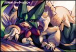  2024 3_fingers all_fours alternate_version_at_source anthro ass_up breast_curtains breast_squish breasts claws curvy_figure digital_media_(artwork) eyelashes felid female female_anthro finger_claws fingers generation_9_pokemon looking_at_viewer lying mammal mask medium_breasts meowscarada mogy64 narrowed_eyes nintendo on_front open_:3 open_mouth open_smile pokemon pokemon_(species) pokemorph pupils slit_pupils smile solo squish tail text thick_thighs url watermark 