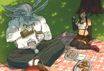  1boy 1girl ^_^ black_gloves boots chest_markings closed_eyes colored_skin commentary croissant crop_top crossover crumbs dappled_sunlight drinking drugsandsocks eating elbow_gloves english_commentary final_fantasy fingerless_gloves food food_on_face four_eyes gloves hakama hakama_pants head_tail highres japanese_clothes jujutsu_kaisen mahoraga_(jujutsu_kaisen) monster muscular muscular_male open_mouth pants picnic picnic_basket picnic_blanket pouring red_boots sandwich shikigami sitting skirt sunlight suspender_skirt suspenders suspenders_gap tank_top teeth thermos tifa_lockhart topless_male tree white_skin white_tank_top wings_as_eyes yokozuwari 