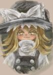  1girl :3 black_hat black_vest blonde_hair blush border bow closed_mouth commentary_request cropped_torso hat hat_bow highres kirisame_marisa long_hair looking_at_viewer muted_color no_lineart no_pupils omaega_chan round_border shirt smile solo straight-on touhou upper_body vest white_bow white_shirt yellow_eyes 