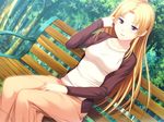  1girl adjusting_hair bench blonde_hair breasts game_cg happy highres joker_-shisen_no_hate_no_doukeshi- long_hair looking_at_viewer medium_breasts open_mouth oryou park purple_eyes sitting skirt small_breasts smile solo tree trees 