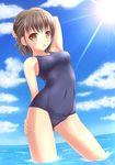  brown_eyes brown_hair ki_(kk-sk-ray) md5_mismatch ocean one-piece_swimsuit original school_swimsuit short_hair solo swimsuit water 