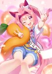 1girl absurdres animal_ears blue_overalls blush bow commentary_request double_v ear_bow ear_covers flower-shaped_pupils flower_in_eye freely2327 hairband haru_urara_(casual)_(umamusume) haru_urara_(umamusume) headband highres holding horse_ears horse_girl horse_tail long_hair looking_at_viewer one_eye_closed open_mouth overall_shorts overalls pink_hair pink_headband pink_shirt ponytail red_headband ribbon shirt short_sleeves smile stuffed_carrot symbol-shaped_pupils symbol_in_eye tail umamusume v 