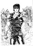  1boy arm_at_side armor artist_name belt building clenched_hand closed_mouth commentary cropped_legs english_commentary gloves greyscale hatching_(texture) highres hokuto_no_ken jacket kenshiro leather leather_jacket linear_hatching looking_at_viewer male_focus monochrome muscular muscular_male pants pauldrons pointing pointing_at_viewer promeroillustra ruins shirt short_hair shoulder_armor single_glove sleeveless sleeveless_jacket solo thick_eyebrows you_are_already_dead 