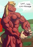  abs anthro balls barn biceps big_macintosh_(mlp) big_muscles big_penis black_nipples blonde_hair clenched_teeth cum cumshot dialog edging equine erection farm fence freckles friendship_is_magic fur green_eyes hair horse humanoid_penis kyuuhari male mammal masturbation muscles my_little_pony nipples nude orgasm pecs penis pose presenting red_fur red_penis sheath solo standing sweat teeth text thick_penis toned vein 