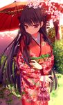  3: black_hair blush cherry_blossoms floral_print hair_ornament japanese_clothes kanzashi kimono kinchaku long_hair looking_at_viewer nazu-na oriental_umbrella original pouch red_eyes solo tree tsumami_kanzashi umbrella very_long_hair 