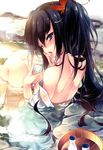  barefoot black_hair breasts brown_eyes copyright_request fingernails hair_ornament highres kamizuki_shiki licking lips long_fingernails long_hair looking_back medium_breasts nipples one_side_up onsen partially_submerged scan sitting solo tongue 