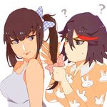  ? bad_id bad_pixiv_id blue_eyes concentrating eyebrows hair_ribbon kill_la_kill kiryuuin_satsuki lowres masu_(masmaasn) matoi_ryuuko multicolored_hair multiple_girls orange_shirt pajamas ponytail ribbon shirt smile streaked_hair sweatdrop thick_eyebrows 