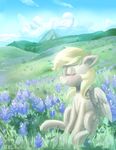  blonde_hair cloud cutie_mark derpy_hooves_(mlp) equine eyes_closed female feral friendship_is_magic fur grass grey_fur hair horse mammal mewball my_little_pony outside pegasus pony sitting sky smile solo wings 