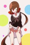  1girl artist_request brown_hair female koto_(kyousougiga) kyousougiga long_hair monsoon no_panties polka_dot ponytail pussy red_eyes school_uniform skirt skirt_lift smile solo touei wink 