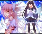  akemi_homura bad_deviantart_id bad_id black_hair blue_sky bow breasts cleavage cleavage_cutout cloud crying day feathers hair_bow hairband highres kaname_madoka letterboxed long_hair magical_girl mahou_shoujo_madoka_magica multiple_girls pantyhose pink_hair skirt sky small_breasts spiked_hair tears two_side_up ultimate_madoka whither_laws yellow_eyes 