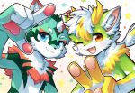  1_horn 2025 2_horns 4_fingers anthro aquatic biped black_outline blue_eyes blush blush_lines cel_shading chest_tuft cute_fangs digital_drawing_(artwork) digital_media_(artwork) distracting_watermark dragon dragon_horn duo fangs finger_gun fingers fish fur furred_dragon furred_fish furred_scalie gesture glistening glistening_eyes green_body green_fur hair hand_gesture hi_res honeylemon13457 honlem horn inner_ear_fluff lai_ka looking_at_viewer male mythological_creature mythological_scalie mythology one_eye_closed open_mouth open_smile outline pattern_background pawpads scalie shaded simple_background smile smiling_at_viewer star-shaped_background teeth tuft v_sign watermark white_background white_body white_fur wink winking_at_viewer yellow_body yellow_eyes yellow_fur 