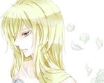  1girl am. bare_shoulders beatmania beatmania_iidx blind_justice blonde_hair bust collarbone eyelashes face female frills grey_eyes long_hair looking_away matin_catorce parted_lips petals sad shade simple_background solo upper_body white_background zektbach 