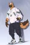 2024 absurd_res anthro artist_name biped black_bottomwear black_clothing black_pants blue_background bottomwear brown_body brown_ears brown_fur brown_inner_ear canid closed_smile clothed clothed_anthro clothed_male clothing colored dated digital_drawing_(artwork) digital_media_(artwork) dot_pupils drawstring_hoodie drawstring_topwear english_text fluffy fluffy_tail footwear front_view full-length_portrait fully_clothed fully_clothed_anthro fully_clothed_male fur furrowed_eyebrows green_clothing green_footwear green_hoodie green_shoes green_sneakers green_topwear hair hand_in_pocket hi_res hoodie inner_ear_fluff kuromonsart male mammal mouth_closed multicolored_body multicolored_fur pants plantigrade pockets portrait print_clothing print_hoodie print_topwear shoes simple_background smile sneakers snout solo standing tail tan_body tan_fur tan_hair tan_inner_ear_fluff text topwear tuft two_tone_hoodie two_tone_sneakers white_clothing white_footwear white_hoodie white_shoes white_sneakers white_topwear