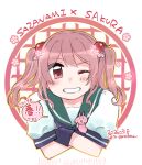  1girl blue_sailor_collar blue_wrist_cuffs character_name cherry_blossoms commentary_request crossed_arms dated grin hair_bobbles hair_ornament izumiyamisono kantai_collection medium_hair pink_eyes pink_hair rabbit sailor_collar sailor_shirt sazanami_(kancolle) sazanami_kai_(kancolle) school_uniform serafuku shirt short_sleeves smile solo spring_(season) twintails twitter_username upper_body wrist_cuffs 