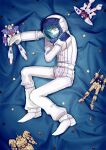  1boy absurdres aeug bed bed_sheet blue_eyes broken_glass commentary empty_eyes glass gundam gunpla helmet highres hyaku_shiki kamille_bidan looking_at_viewer lying mahirohisatomi mecha_pilot_suit model_kit neo_zeon normal_suit_(gundam) otaku qubeley science_fiction shield space_helmet spacesuit starry_sky_print the_o_(mobile_suit) titans_(gundam) toy v-fin zeta_gundam zeta_gundam_(mobile_suit) 