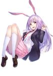  animal_ears blazer blush bunny_ears full_body jacket kyon_(fuuran) loafers long_hair looking_at_viewer necktie open_mouth purple_hair red_eyes red_neckwear reisen_udongein_inaba shoes simple_background skirt smile solo touhou white_background white_legwear 