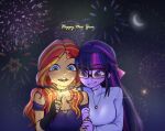  2girls aerial_fireworks bare_shoulders black_choker black_gloves blunt_bangs blurry blurry_background breasts choker cleavage collarbone colored_skin commentary couple crescent depth_of_field dress english_text fingerless_gloves fireworks glasses gloves grabbing_another's_arm green_eyes grin hair_between_eyes hand_up happy happy_new_year highres holding holding_fireworks jewelry large_breasts leaning_on_person leaning_to_the_side long_hair long_sleeves looking_down looking_to_the_side moon multicolored_hair multiple_girls my_little_pony my_little_pony:_equestria_girls my_little_pony:_friendship_is_magic necklace new_year night off_shoulder open_mouth outdoors parted_lips purple_eyes purple_hair purple_skin red_hair sci-twi sky smile standing star_(sky) starry_sky streaked_hair sunset_shimmer sunset_shimmer_(human) sweater tomi_ouo twilight_sparkle untranslatable_commentary upper_body wavy_hair white_sweater yellow_skin yuri 