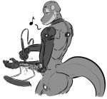  2018 android anthro athletic bald baysha_(beyxer) butt collar digital_media_(artwork) horn machine male monochrome nude portrait raised_tail reptile robot robotic_reveal roose scalie side_view simple_background sketch solo standing three-quarter_portrait trenco whistling white_background 