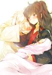  2girls azami_(kagerou_project) baby bad_id bad_pixiv_id blanket blush braid brown_hair crying family father_and_daughter highres husband_and_wife kagerou_project kozakura_shion long_hair mitsu_yomogi mother_and_daughter multiple_girls red_eyes short_hair smile tears tsukihiko_(kagerou_project) white_hair wiping_tears 