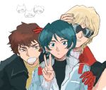  3boys aeug amuro_ray blonde_hair blue_eyes blue_hair brown_eyes brown_hair char_aznable commentary_request gundam highres kamille_bidan mahirohisatomi military_uniform multiple_boys science_fiction sketch sunglasses v zeta_gundam 