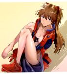  1girl barefoot blue_eyes bodysuit breasts closed_mouth collarbone commentary_request feet full_body highres knees_together_feet_apart knees_up legs long_hair long_sleeves looking_at_viewer mecha_pilot_suit medium_breasts neon_genesis_evangelion open_bodysuit open_clothes plugsuit_(evangelion) red_bodysuit simple_background soles solo souryuu_asuka_langley toenails toes very_long_hair yagisawa_teru 